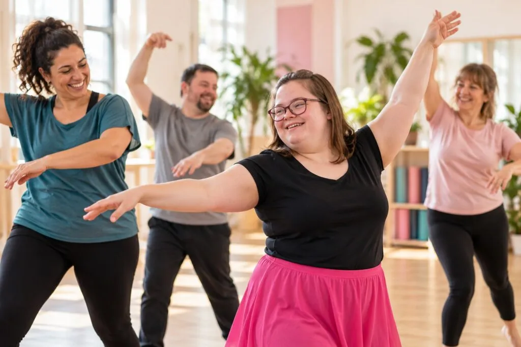 Un grupo de adultos participa en una actividad de danza.