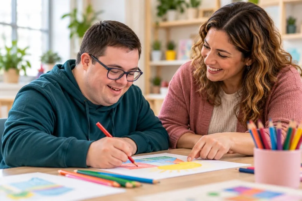 Un adulto realiza una actividad con una educadora.