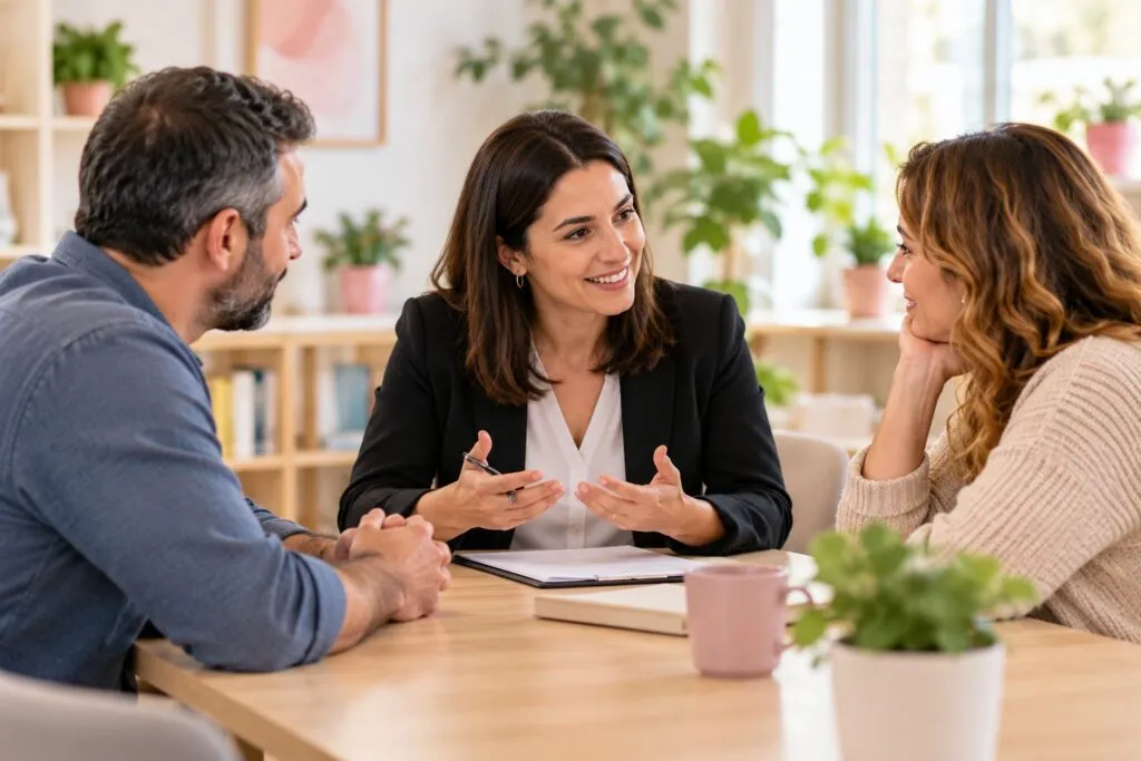 Varias personas dialogan con una mediadora.